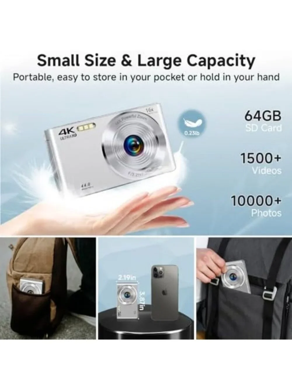 4K Autofocus Digital Camera for Teens & Kids, 16X Zoom, Compact, 64GB SD Card